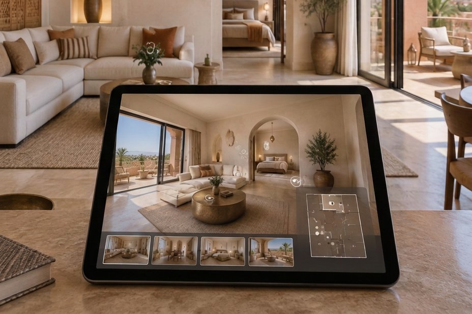 Visite virtuelle d'un intérieur affichée sur une tablette