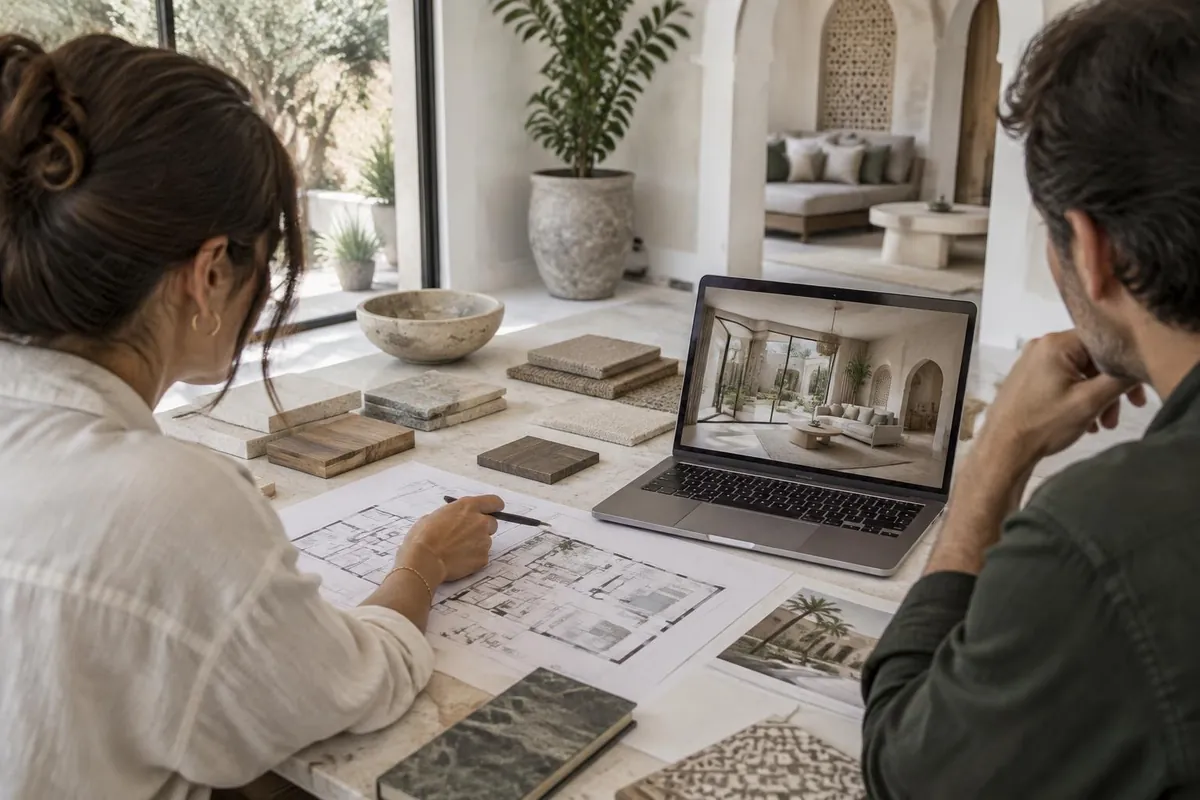 Échange autour des plans et du rendu 3D d’un projet immobilier au Maroc