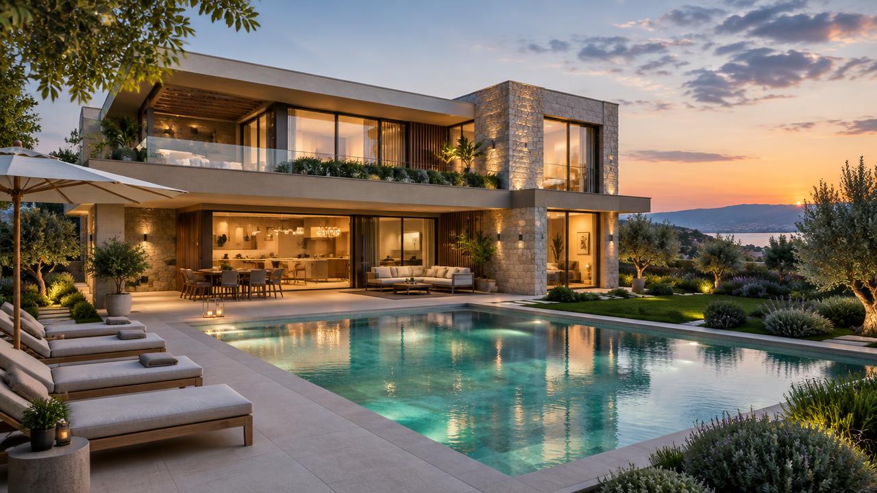 Rendu 3D d'une villa contemporaine avec piscine conçue par Digitaloa